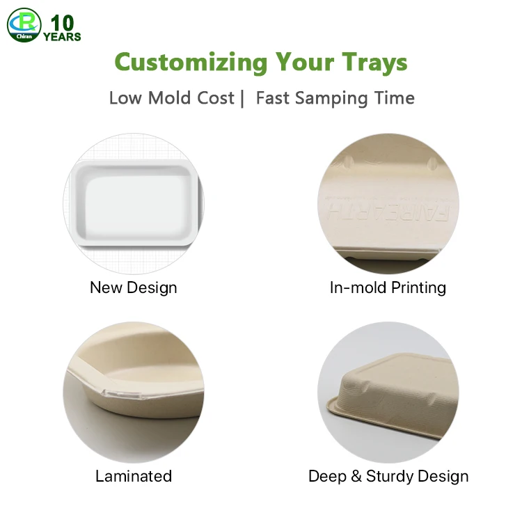 OEM Service Sugarcane Bagasse Pulp Compostable Laminated Meat Tray Packaging Disposable Biodegradable Meat Tray BagasseTableware
