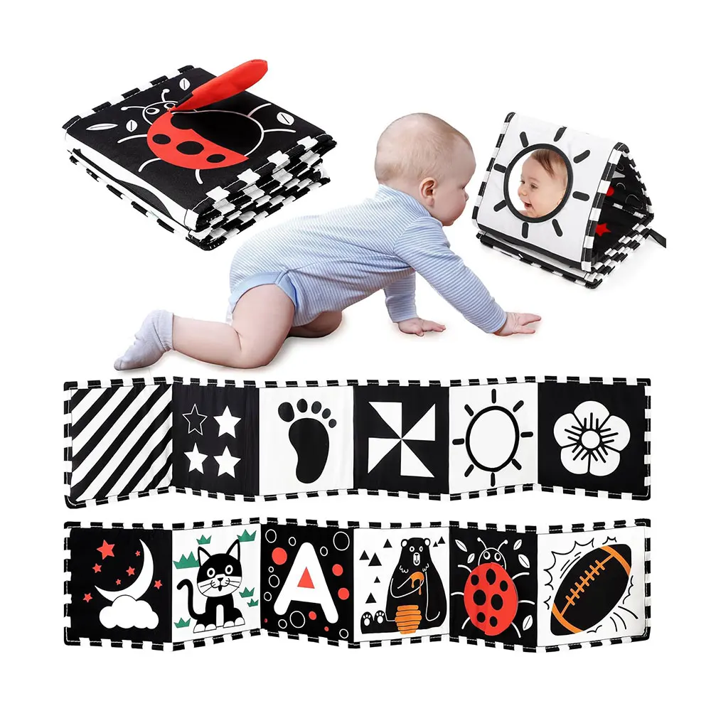Black and White Baby Mirror Tummy Time Toys High Contrast Newborn Infant Toys Soft Visual Stimulation Sensory Baby Cloth Book