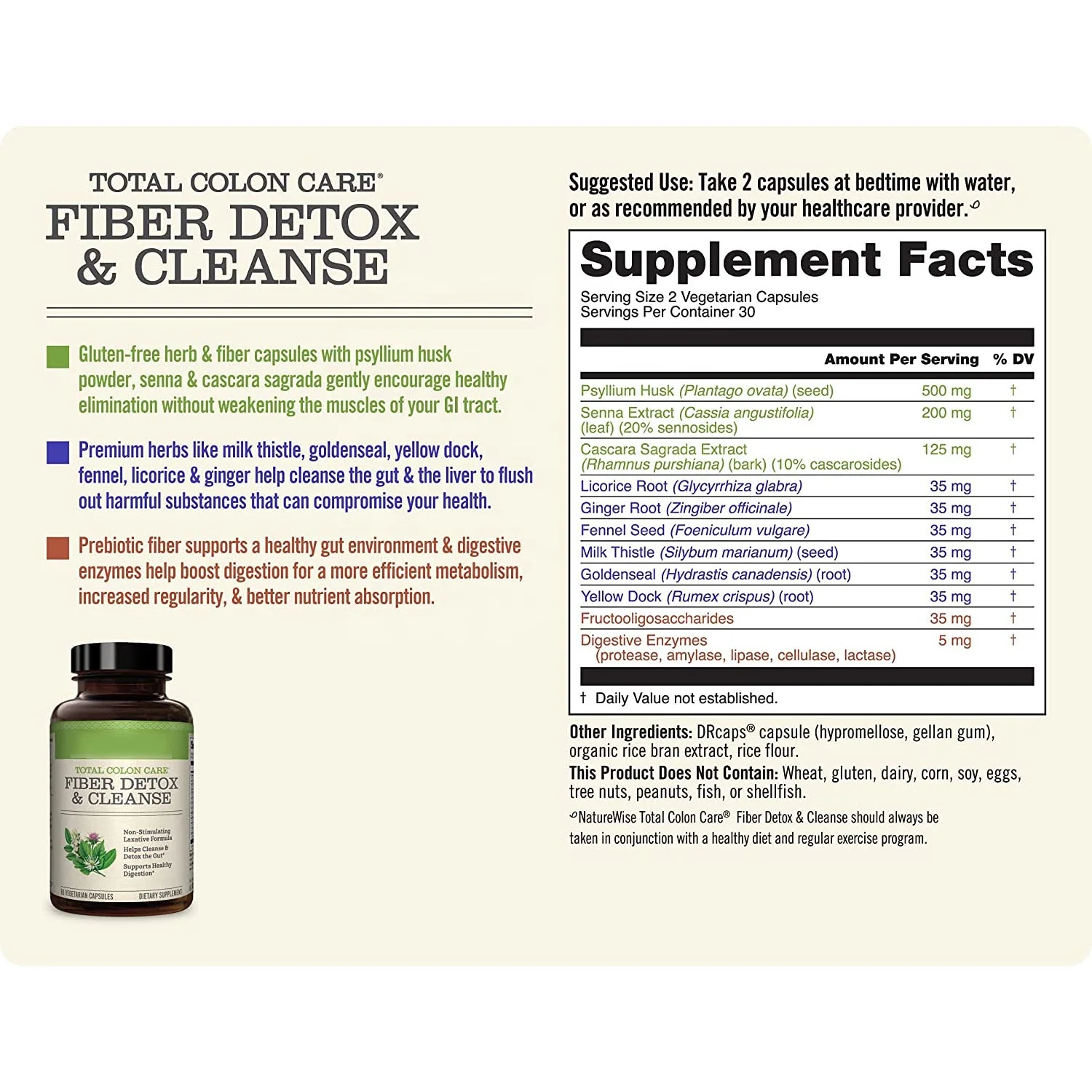 Colon Fiber Cleanse with Safe Herbal Laxatives Prebiotics&Digestive Enzymes for Healthy Elimination Safe Digestion&Weight Detox