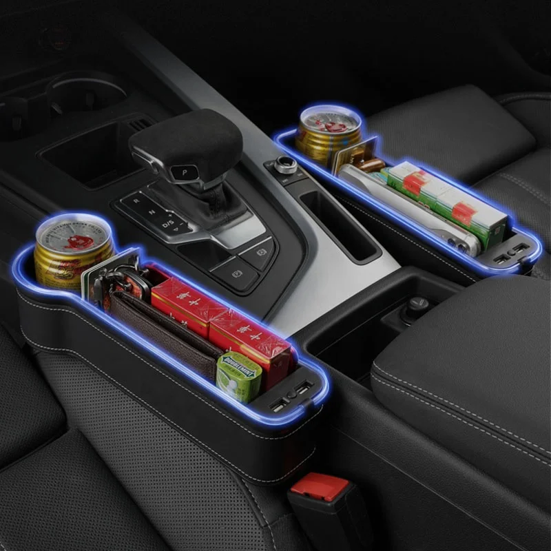 Car Seat Pockets with Led Light with USB Car Charger Luxury Auto Storage Box Car Seat Gap Organizer