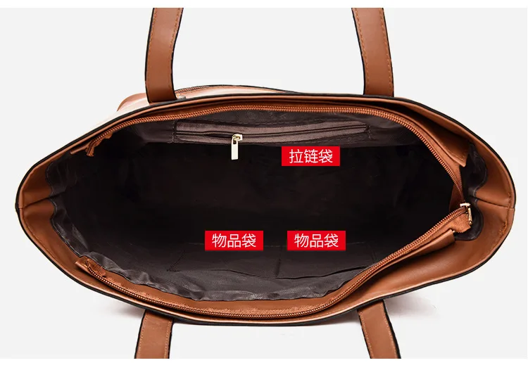 3 in 1 set High quality custom pu leather tote bag with zipper wholesale handbag