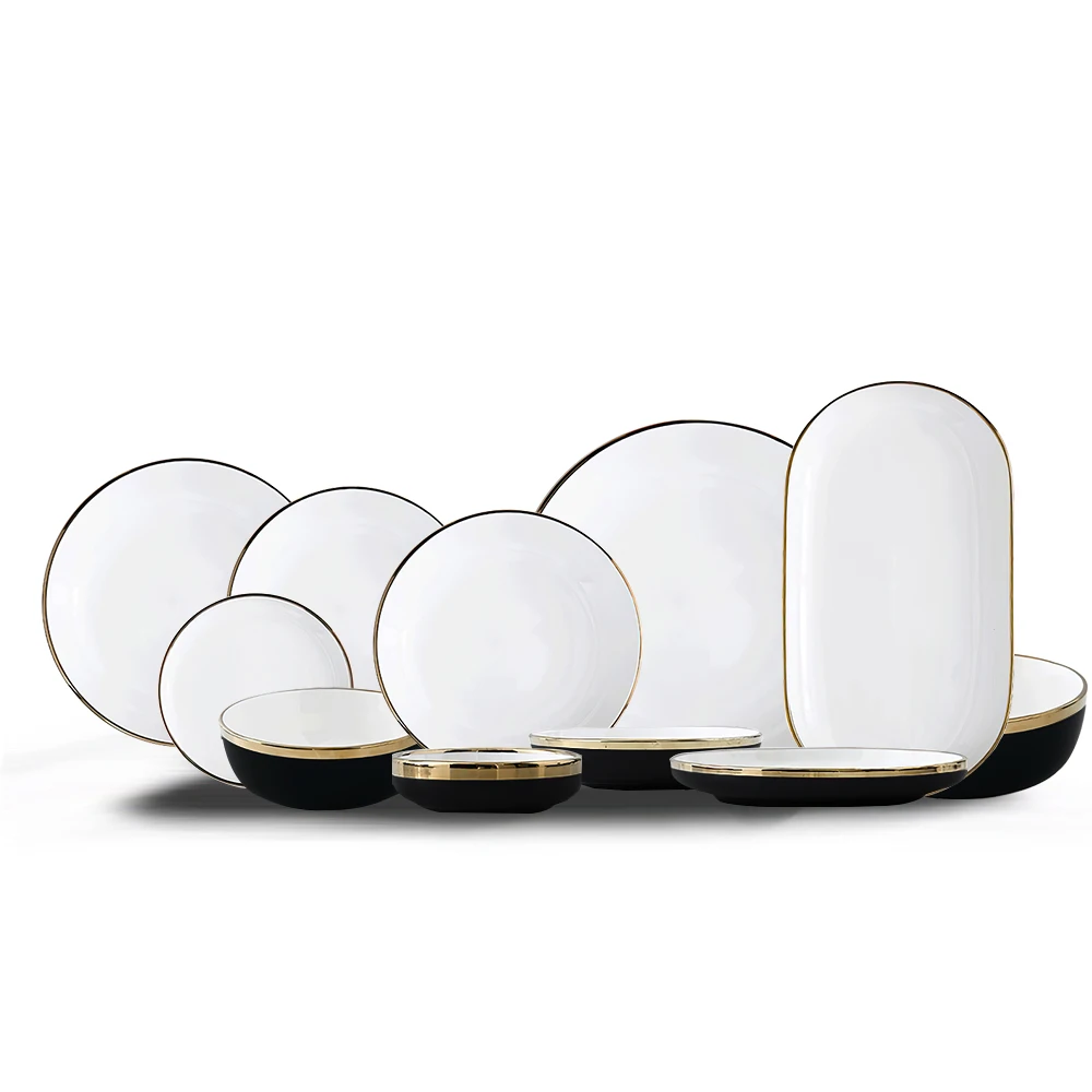 Набор посуды в скандинавском стиле, черные и белые обеденные тарелки из Пномпеня, набор керамической фарфоровой посуды