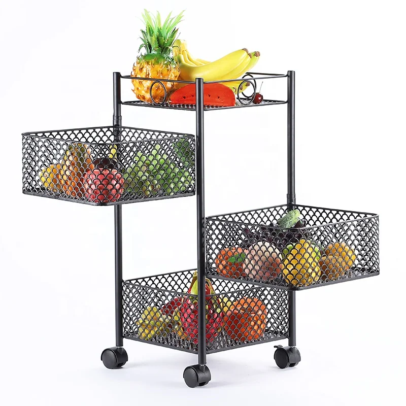 Kitchen Household Multilayer Floor Square Rotating Trolley 3 Tier Kitchen Storage Basket