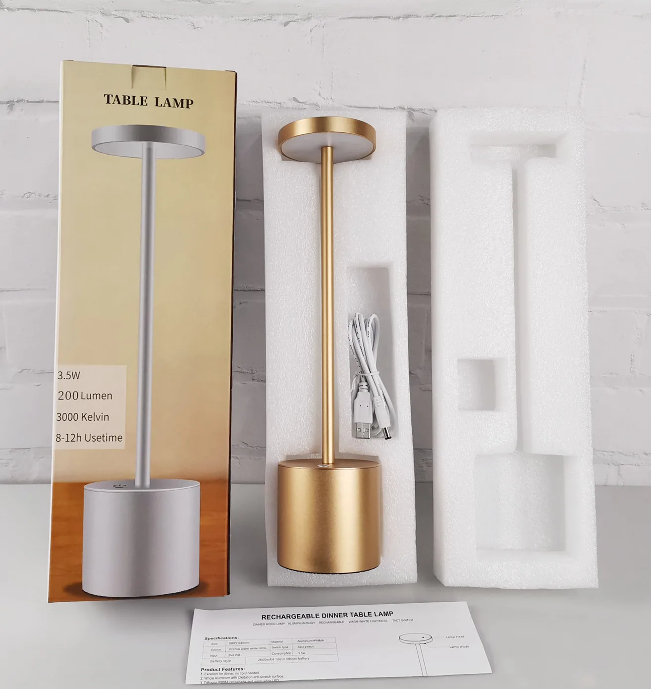 Hotel Style Energy Saving brass table lamp USB Rechargeable Battery LED Cordless Restaurant Table Lamp For Dinner