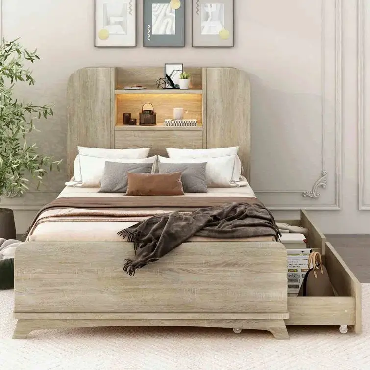 Simple And Stylish Double Modern Platform Frame Wooden Bed For Bedroom Furniture, Double Bed With Double Draw