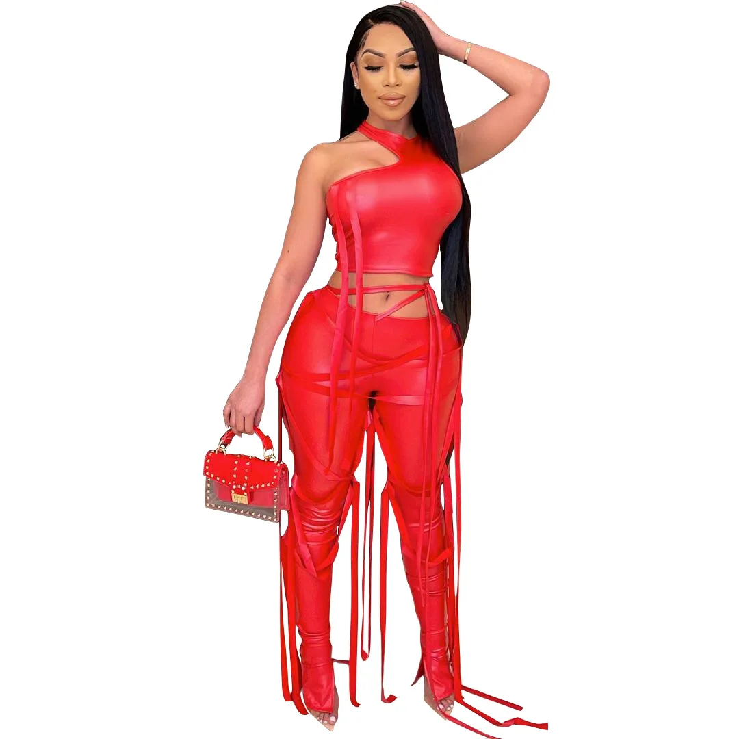  OR012022 2021 new arrivals with strings 2 piece leather pants set made in