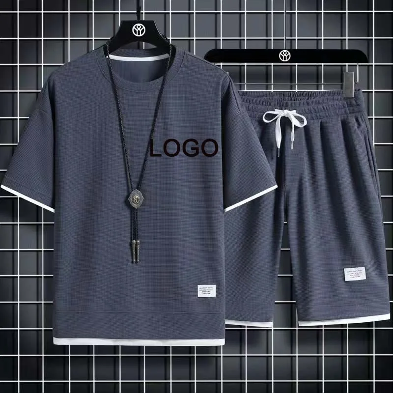 Conyson High Quality Summer Waffle Outfit Polyester Set Clothes Sport Wear Top And Short Jogger 2 Pieces Tracksuit Men Sets