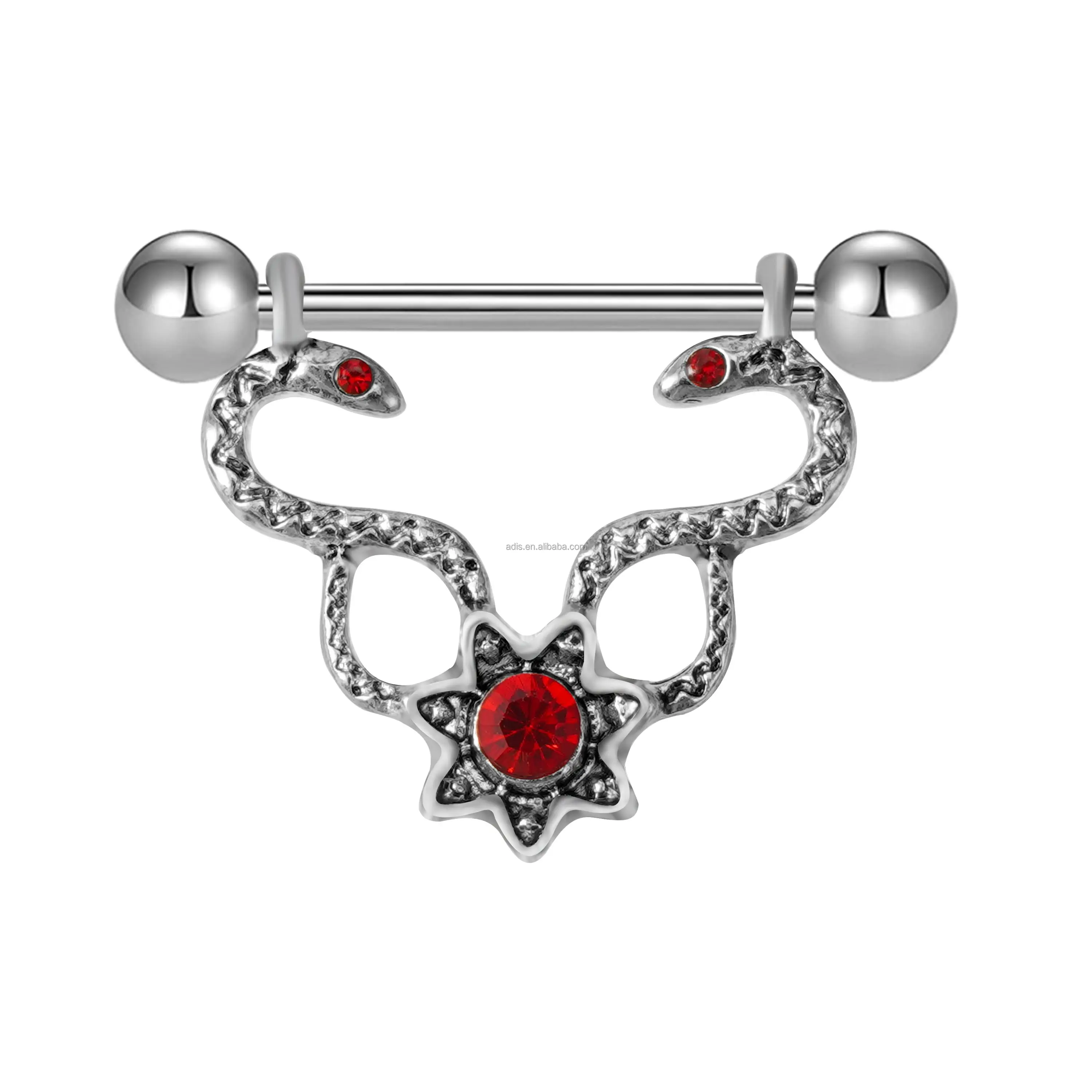 High Polished 14G Sexy Snake Design Nipple Barbell Red Eye Gem Nipple Piercing For Women Men