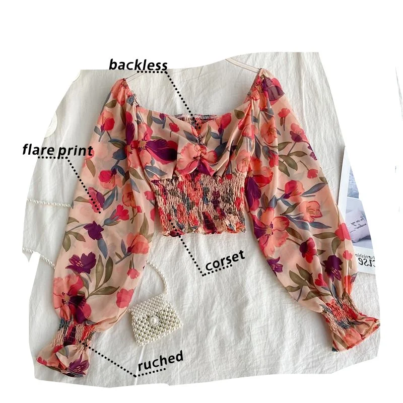 Новое поступление корсет с расклешенным принтом и длинными рукавами-фонариками рюшами эластичная блузка на талии укороченными топами