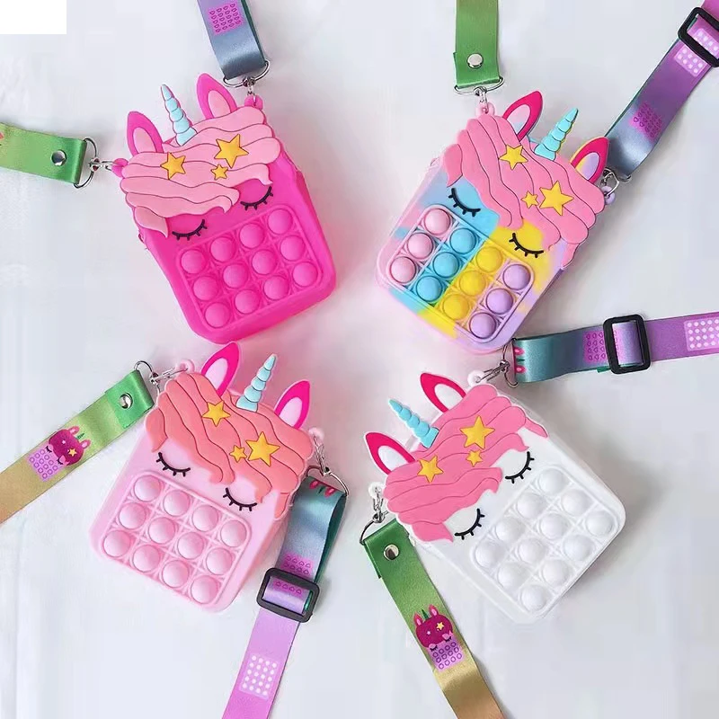 Rainbow Unicorn Sensory Fidget Bubble Poppers, Small Crossbody Shoulder Bag, Cute Colorful Push Bubbles