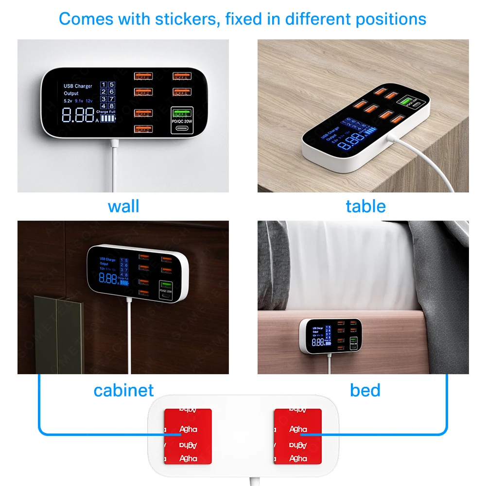 40W USB Phone Charger QC3.0 USB C Type C Fast Charger 8 Ports 8A Digital Display Charging Station Portable Travel Wall Charger