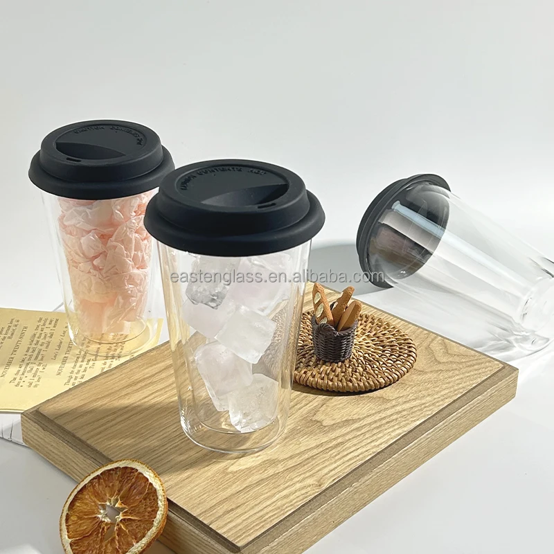 Wholesale High Borosilicate Glass Travel Coffee Mug Double Wall Layer with Silicone Lid and Sleeve for Tea Cups & Saucers