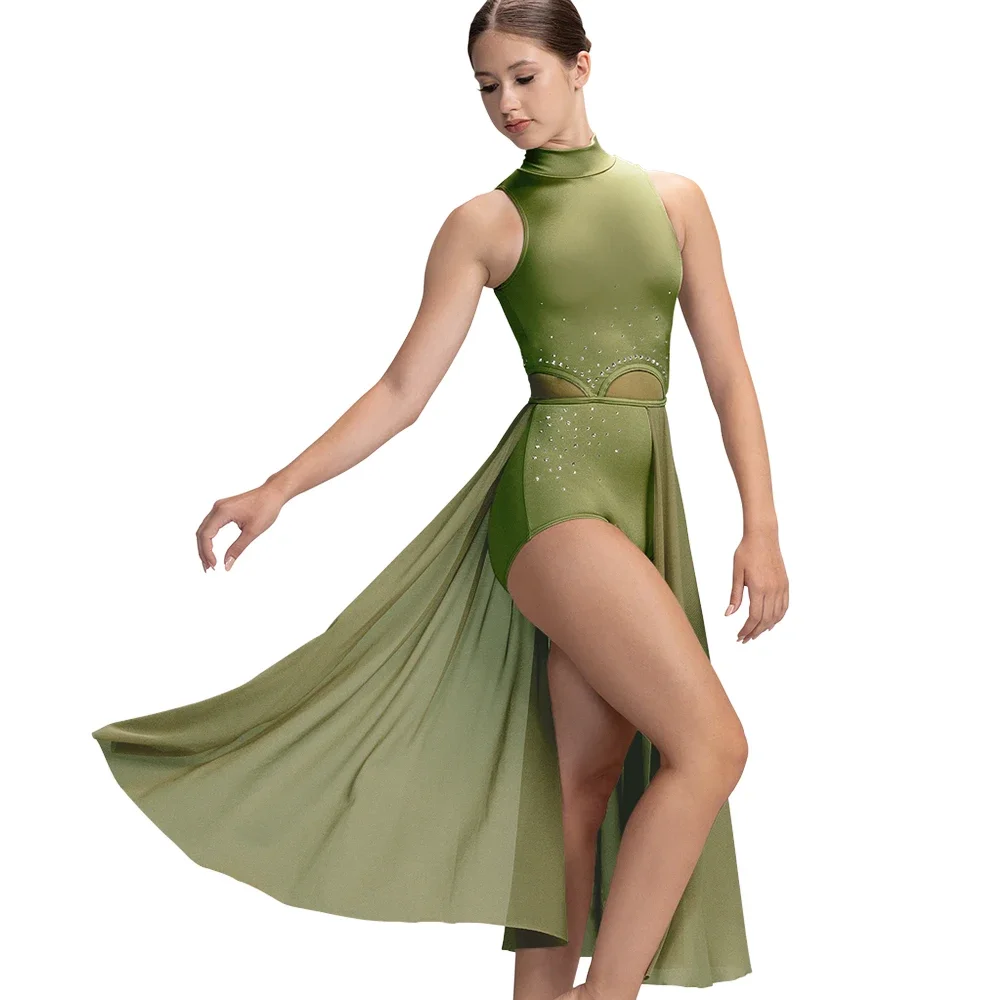 MiDee New Long Ballet Competition Dresses for Women Half Skirt Lyrical Dress Dance Competition Clothes Stage Costume Spandex