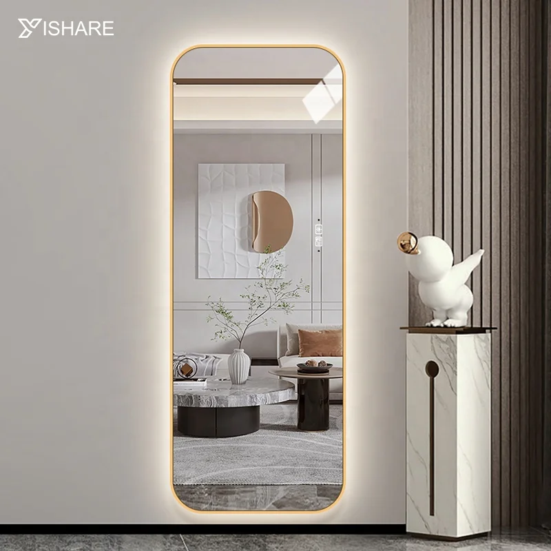 Full length wall mounted  metal framed full size length  dressing room standing floor mirror with light