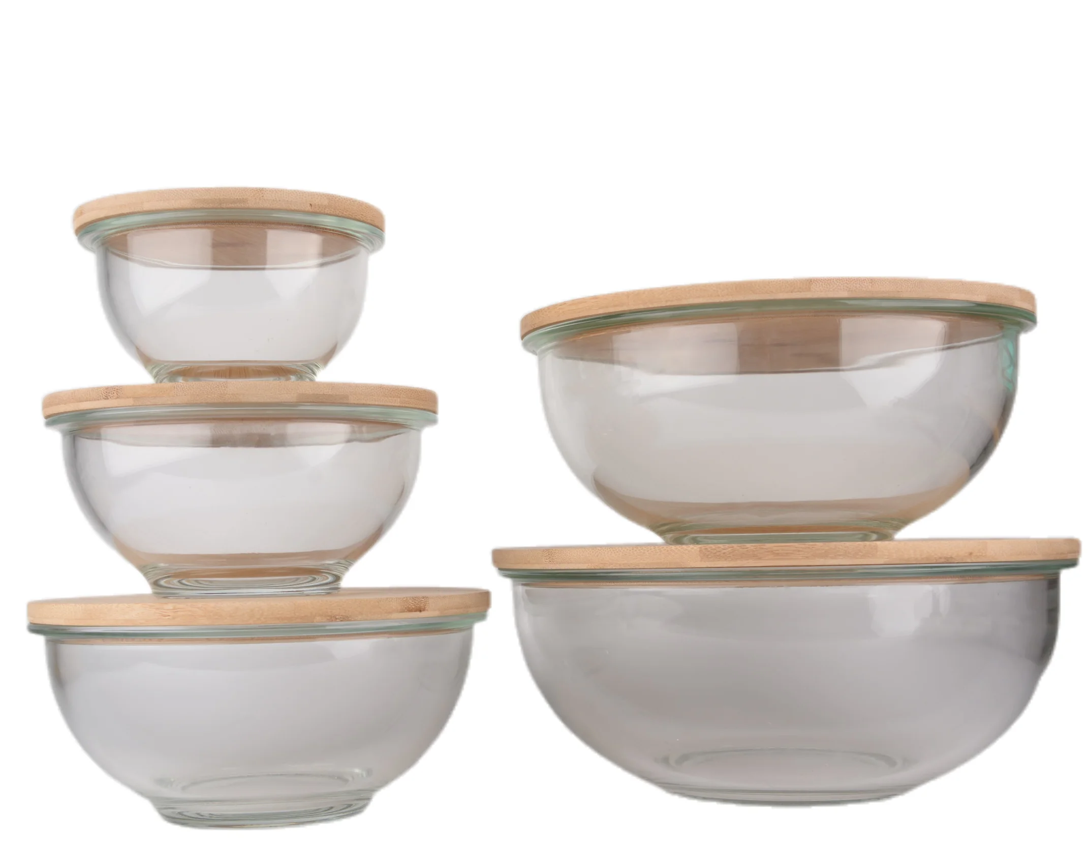 Eco-Friendly Oven and microwave safe  6 pcs glass Salad Bowls With Cover bamboo lid Mixing Salad Set