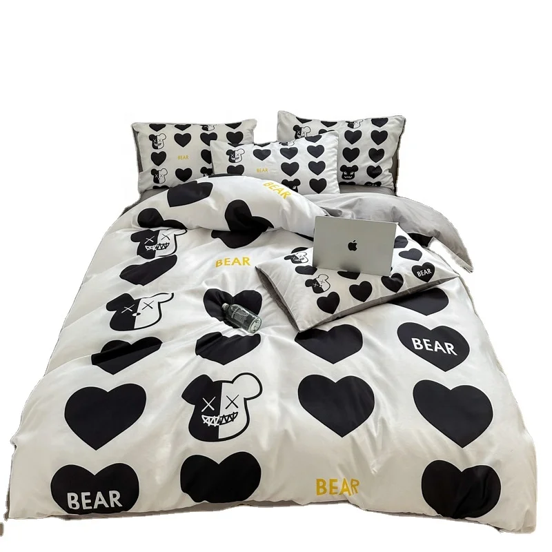 Microfiber Silk 4-In-1 Bedding Set Fashion Design-I Duvet Cover Bed Sheet Bedding Set