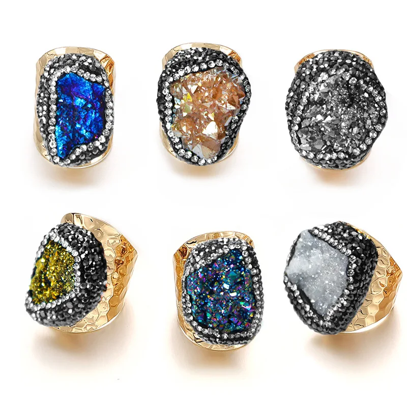 Natural Crystal Cluster Ring Raw Stone Agate Shine Silver Diamond Ring Gemstone Reiki Healing Gold Plated Hand Jewelry Gift