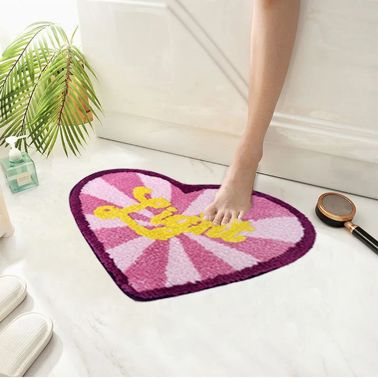 Valentines Day Modern Heart Tufted Bath Mat Non-Slip Floor Rug Home Use Bathroom Kitchen Puzzle Pattern Embroidered Polyester
