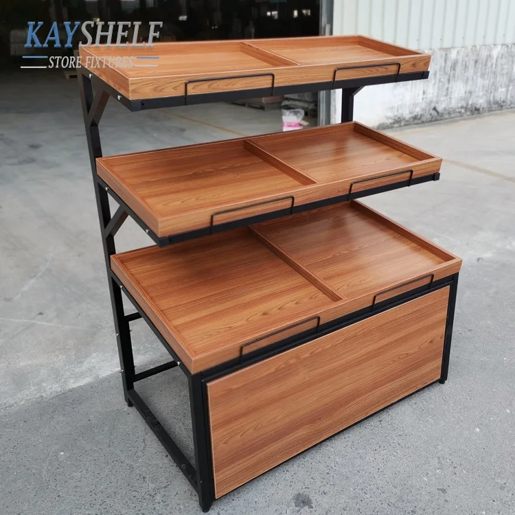 wood and metal steel structure single sided island modular gondola supermarket vegetable and fruit display shelf