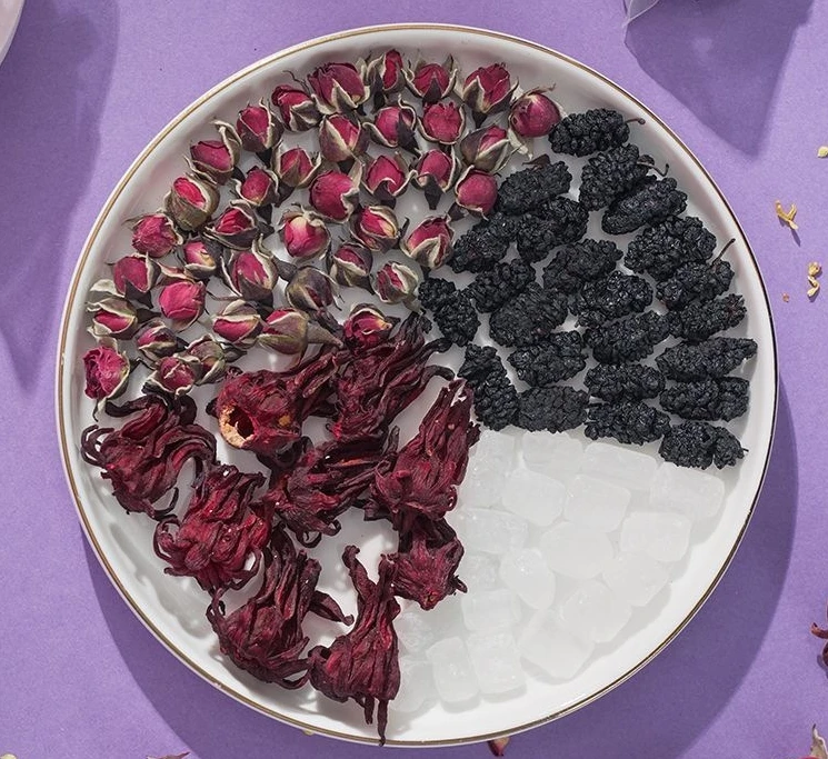 Wholesale Hot Chinese Traditional Beauty Tea Low-Fat Slimming Tea Functional Flavour Mulberry Rose Roselle Flower Tea