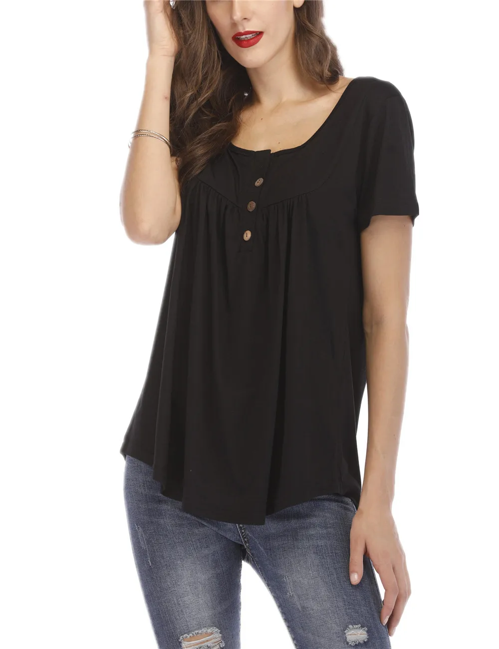 Плюс размер S-5XL Женская мода туника с короткими рукавами, v-образный ворот, сексуальная сплошной цвет с круглым вырезом Повседневная Блузка
