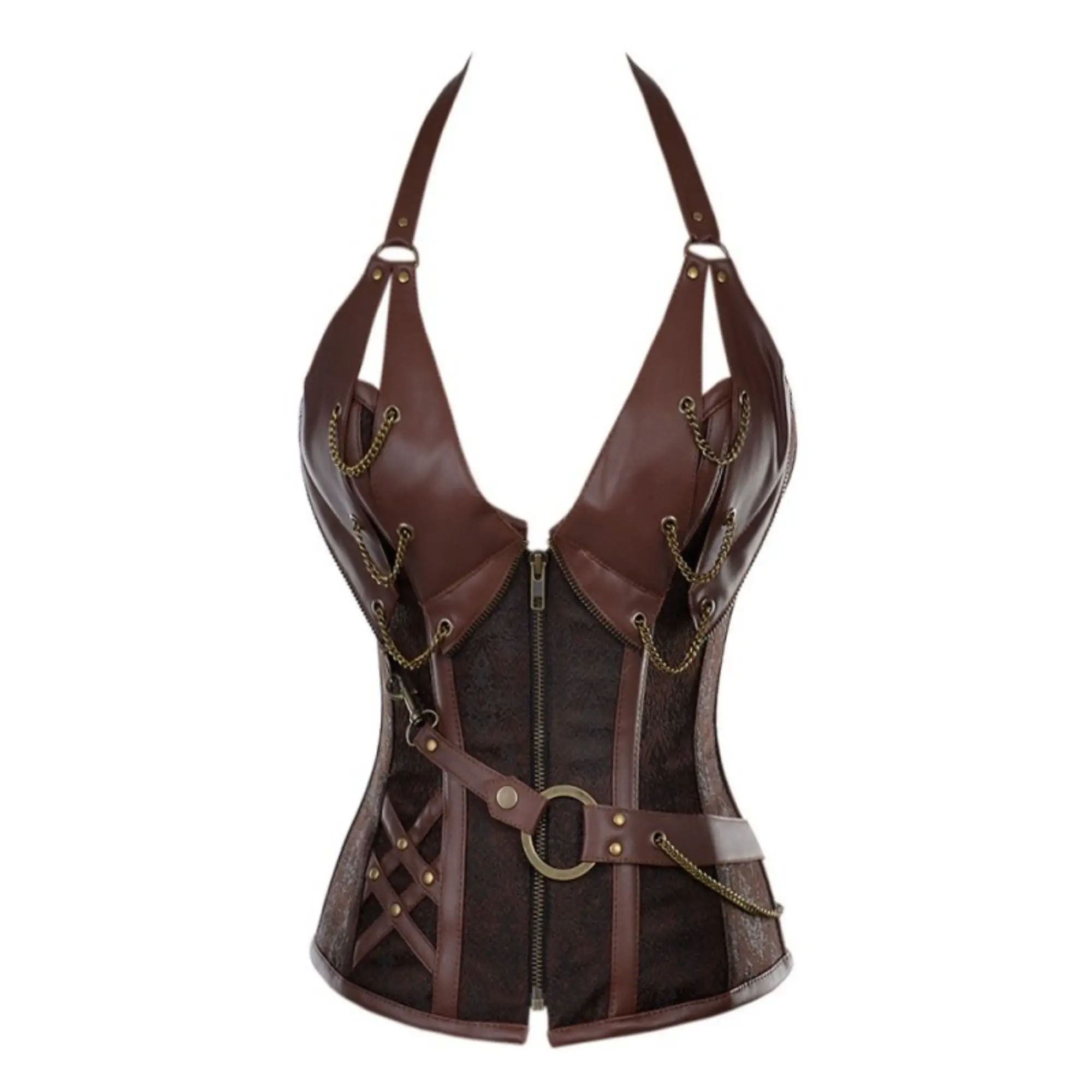 SXLH Top Waist Trimming Leather Brown Steampunk Corset For Women