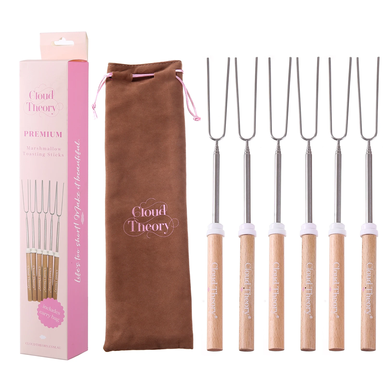 Custom High Quality Beech Wood Handle Marshmallow BBQ Skewers Telescoping Roasting Sticks Stainless Steel BBQ Stick Forks