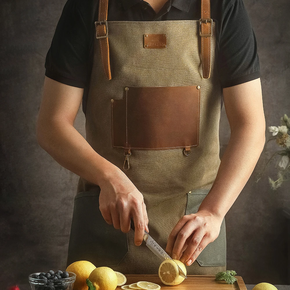 Professional Chef Cooking Aprons Washable Adjustable Canvas Full Grain Leather Green Apron Multifunctional Kitchen Accessories