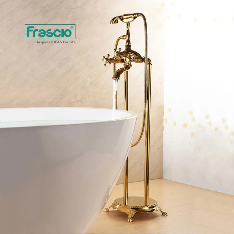 Frascio Retro Luxury Royal Brass Bathroom Floor-Standing Faucets Brushed Gold For Bathtub Floor Mounted Freestanding Bath Faucet