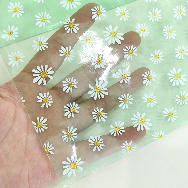Small Daisy Pattern Design PVC Plastic Vinyl Film Jelly Color Transparent Synthetic Leather Fabric For Waterproof Cosmetic Bag