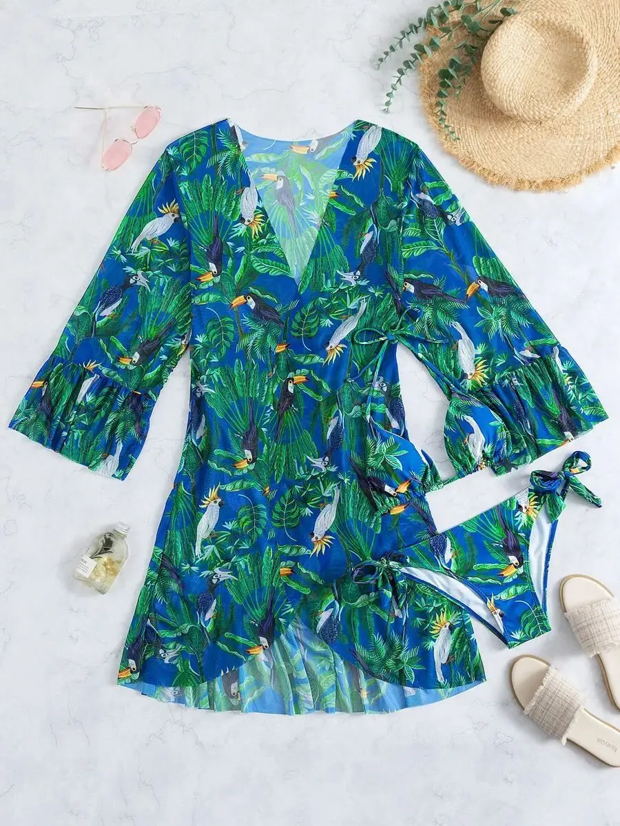 Wholesale Bikinis & Beachwear Women Bathing Suits Print 3 Piece Micro Bikini Set Swimsuit Cover Up