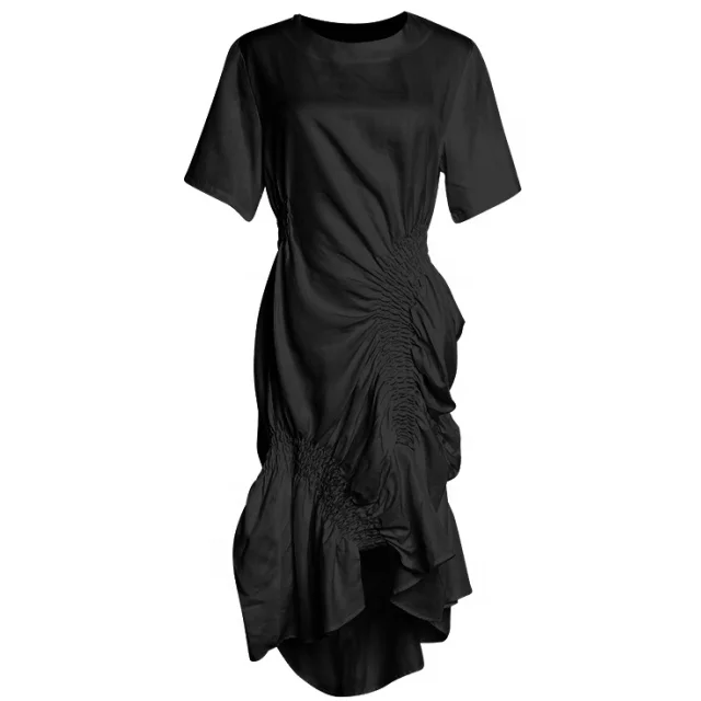 Women Casual Solid White Short Sleeve Wedding Bodycon Pleated Dresses Clothing Lady Elegant Korean Pleated Ruffled Party Dress