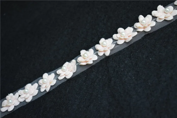 Wholesale chiffon 3d flower embroidery border lace with pearls