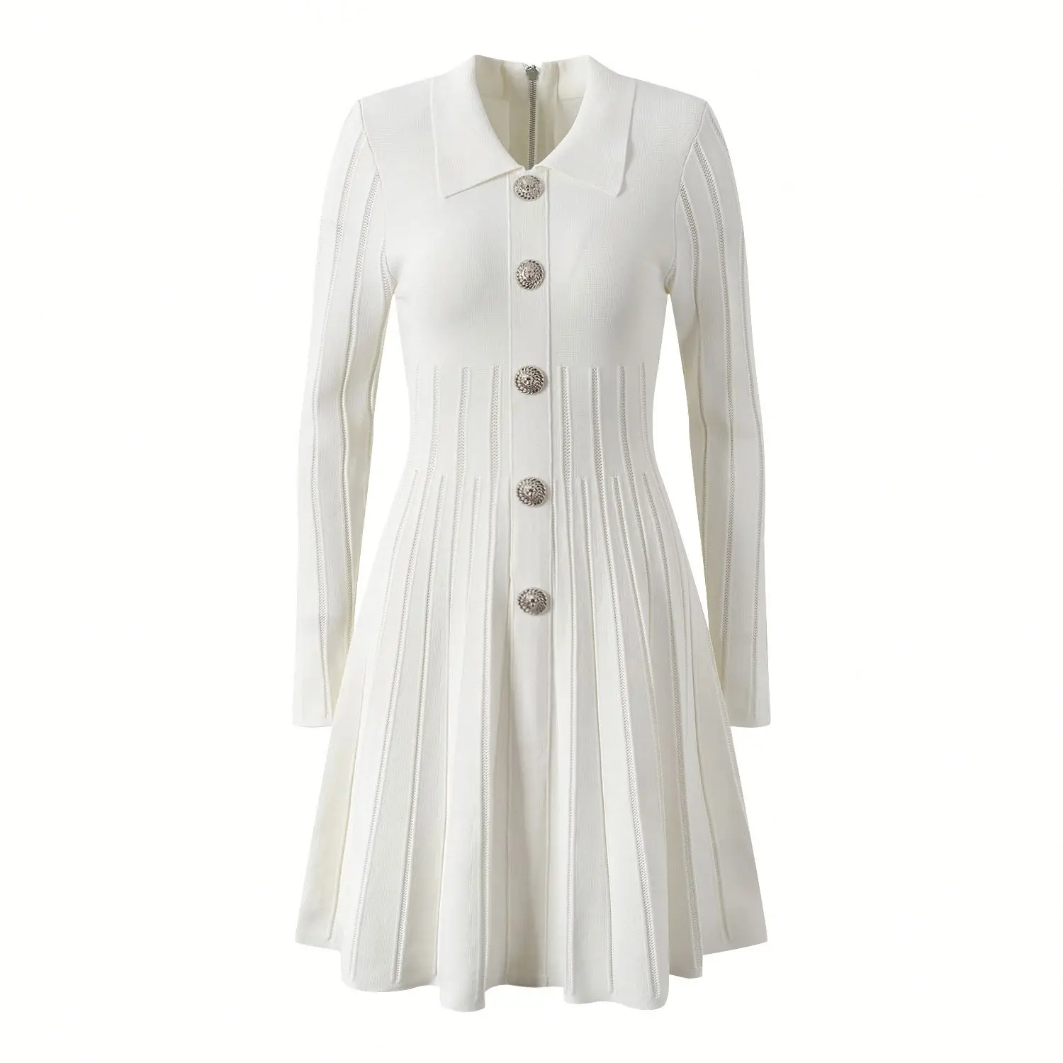 French Style Temperament Socialite Buckle Polo Collar Slim Fit Slimming A- line Knitted Long-Sleeved Dress