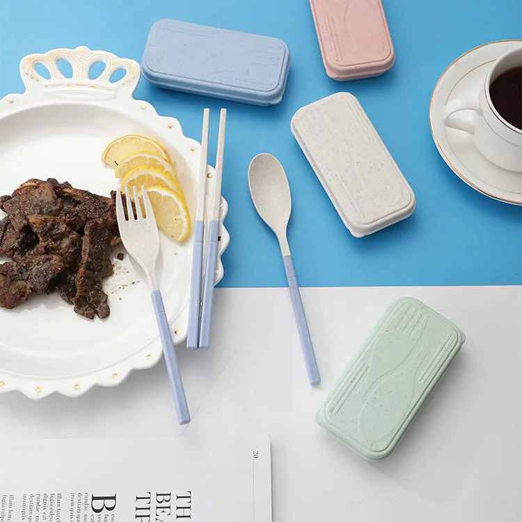 Wholesale Wheat Straw Portable Flatware Set Foldable Chopsticks Spoon Fork Dinnerware Set with Durable Storage Box for Kids