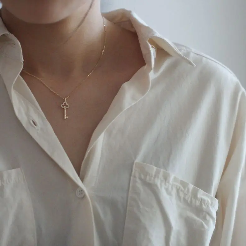 New Idea Fine Style 925 Sterling Silver Heart Zircon Necklace 14K Gold Plated Key Necklace Simple Necklace For Women