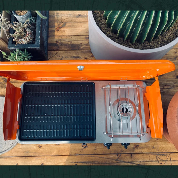Gas 2 Burner Gas Barbecue Grill Cooking Equipment for Sale Stainless Steel Portable Foldable Natural Camping Bbq Outdoor Orange