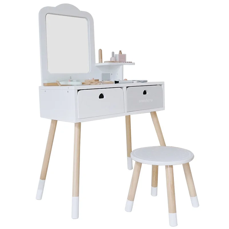 TS  Wooden Children Make Up Cosmetic Vanity Kids White Dressing Table With Mirror