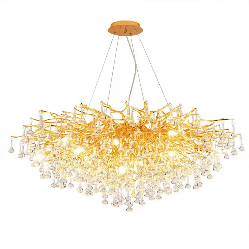 Hotel Lobby Gold Tree Branch Pendant Light Villa Wedding Rain Drop Modern Luxury Glass Chandelier
