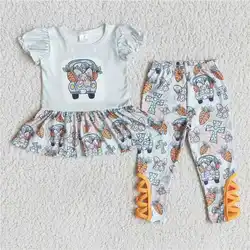 2022 Hot Selling RTS Baby Girls White Carrots Car Fly Sleeves Short Pants Bell Bottoms Outfits Kids Cute Set Fashion For Wearing