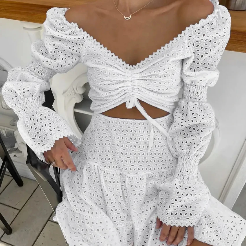 2024 Mini Dress tiered Woven Cut Out Crochet V-neck White Long Sleeve Eyelet Skater Mini Dress