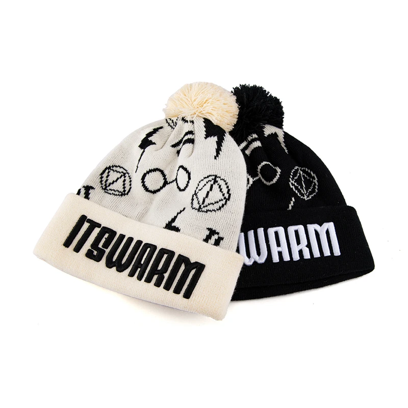 Manufacture jacquard embroidery logo acrylic pom pom beanie hats unisex knit winter beanie hat with custom logo
