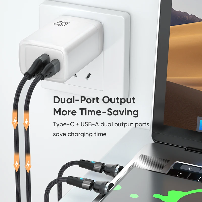 High power fast charging GaN two port output USB Type c mobile phones wall charger adapter GaN chip PD65W charger