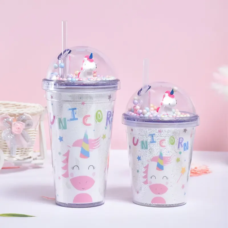 Wholesale cute cartoon girl sipper bottle water bottle plastic sports double-layer tumbler unicorn kids water bottle with straw