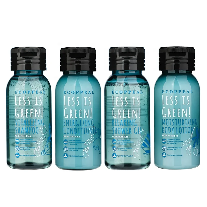 Wholesale 5 Star Luxury recyclable Ocean Bound Plastic Bottles Hotel Toiletries Amenities Set With Shower Gel Lotion Sets
