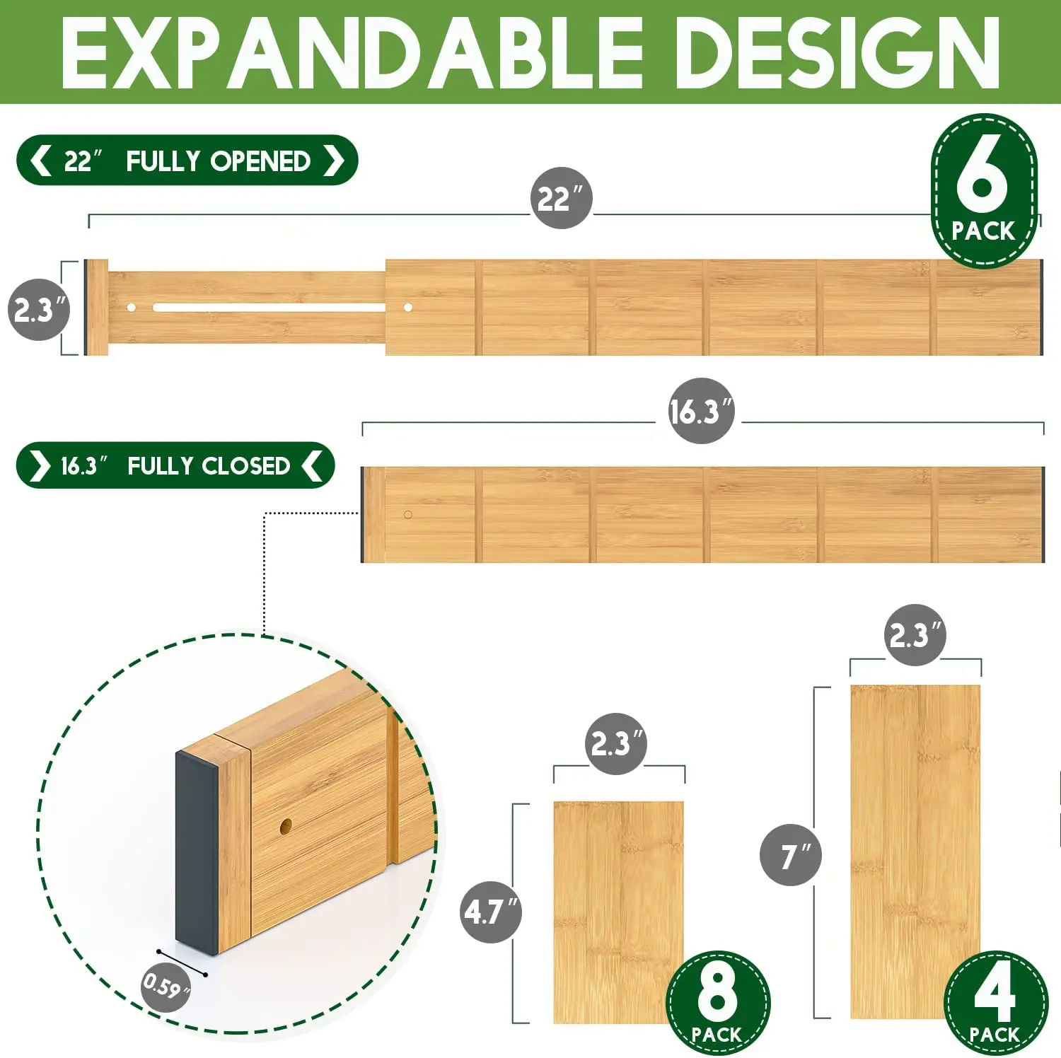 Expandable Adjustable Bamboo Drawer Dividers with 12 Inserts Kitchen Drawer Organizer