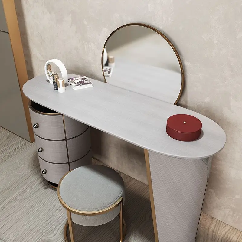 Italian Style Irregular Shape Leg Gray Dressing Table With Round Mirror And Large Storage Bedroom Furniture Set Dresser Table