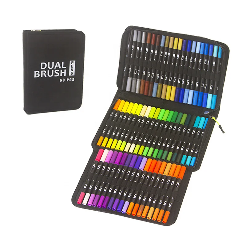 Whole Sale Dual Tip Water Color Drawing Brush Markers Pens Calligraphy Pens Brush Markers for Adult Coloring Books Calligraphy