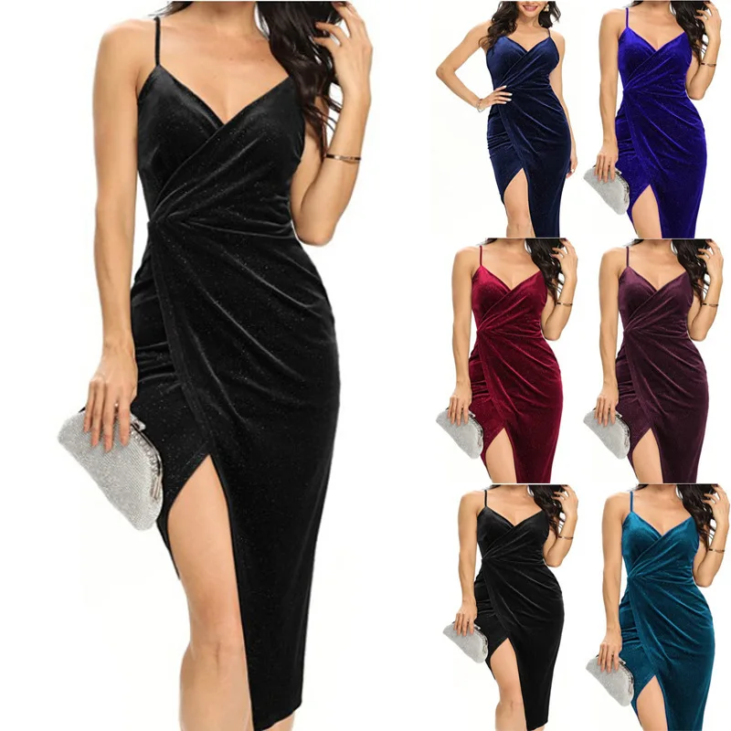 Elegant Black Velvet Sexy V Neck Split Dresses Fashion Gown Evening Party Midi Dress For Women