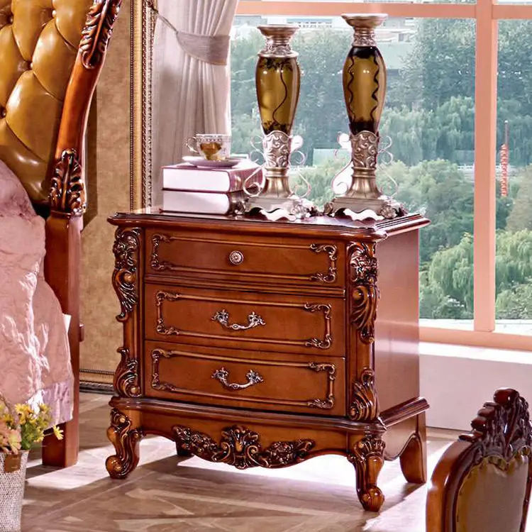Wholesale European Bedroom Furniture Carving Wooden Leg Bedside 3- Drawer Cabinet Wooden Nightstands